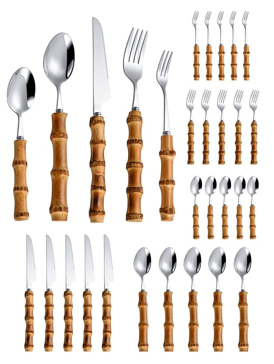 Bamboo Cutlery Set - 30 parçalı paslanmaz çelik çatal bıçak