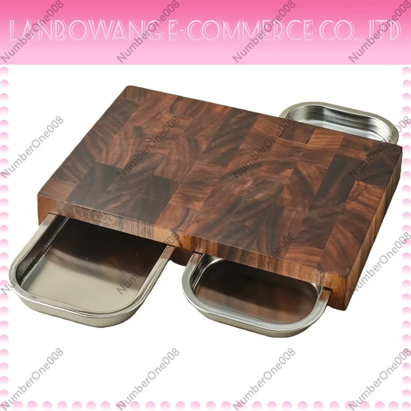 Wooden Serving Tray - Paslanmaz Çelik Tepsili Ceviz Kesme Tahtası,